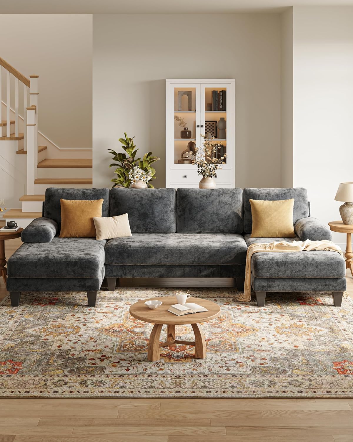 U-Shaped Sectional Couches for Living Room | 112 Inch Modern Sectional Couch | Dark Grey Chenille Sofa with Double Chaise for Apartment