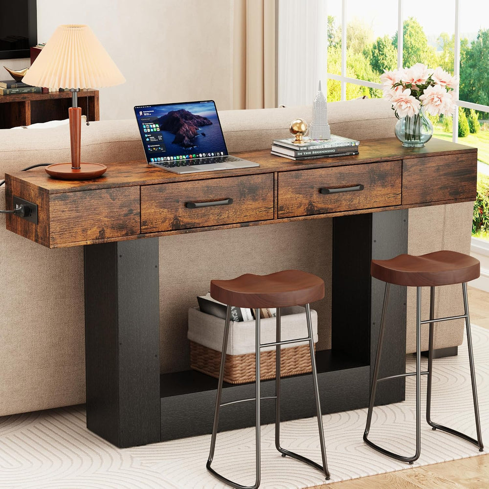 63" Long Console Table with LED Lights & Charging Station,2-Tier Ent...