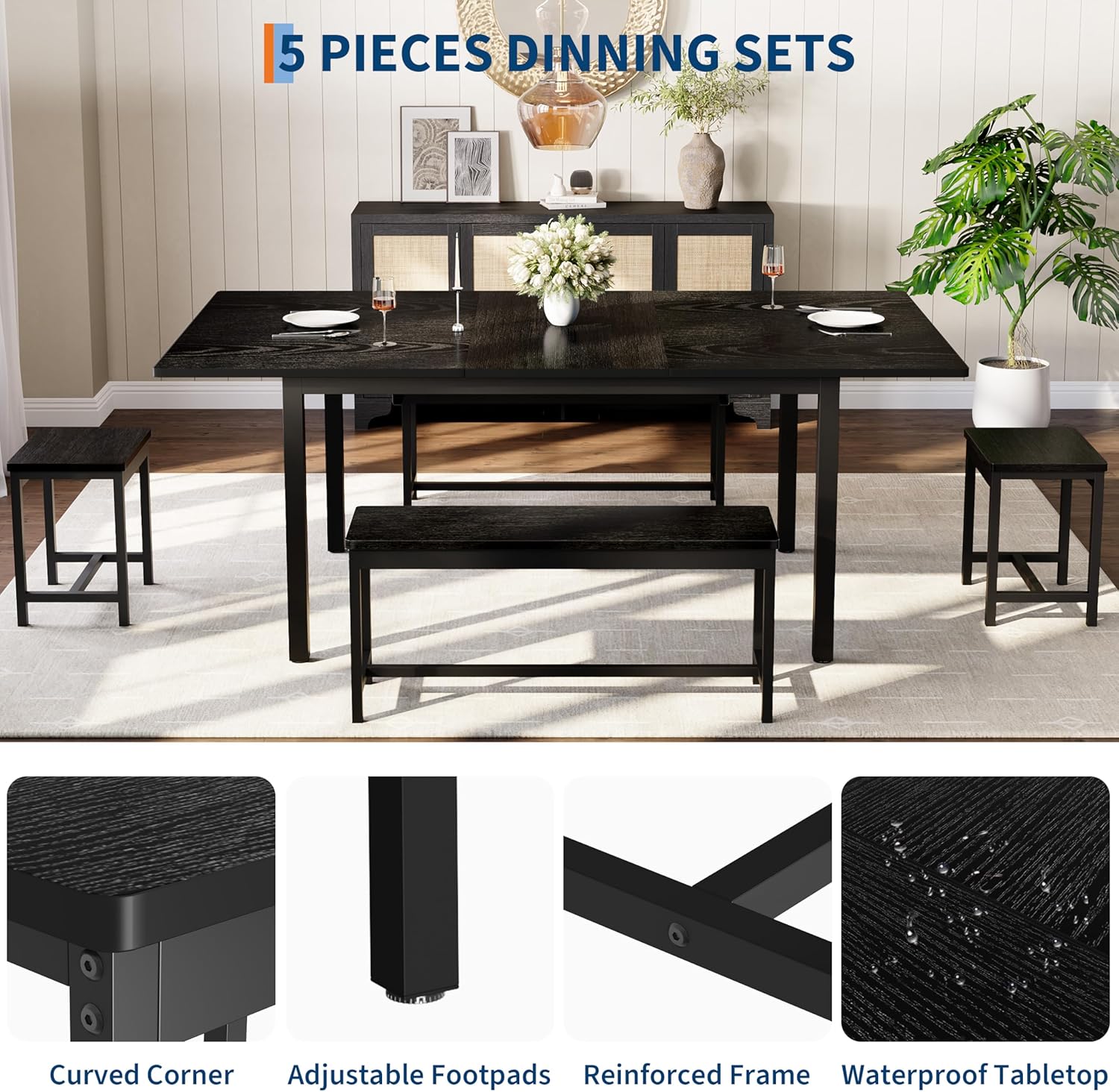 GarveeHome 5 PCs Dining Table Set for 6-8 People, 63 in Extendable Kitchen Table Set with 2 Benches and 2 Square Stools, Modern Dining Room Furniture Sets, Easy Assembly, Black