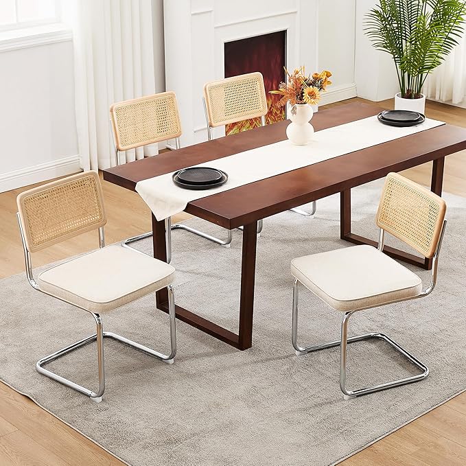 Zesthouse Natural Rattan Dining Chairs Set of 4, Mid Century Modern Dining Chairs with Solid Wood Back & Chrome Base, for Kitchen Living Room, Breuer Design Inspired, Upholstered Linen Fabric, Beige