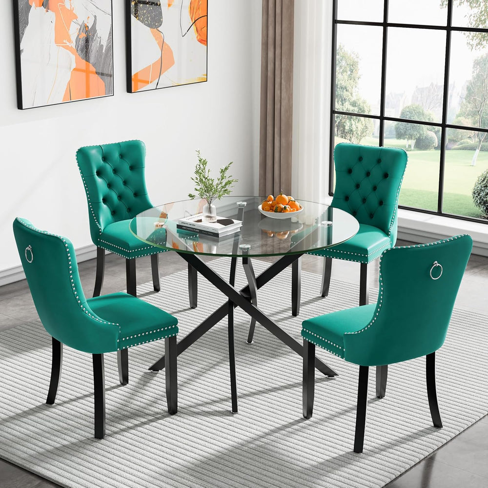 Modern Glass Dining Table Round Dining Room Table with Tempered Glass Top, Bl...