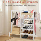 2-in-1 Shoe Rack for Closet with Purse Organizer, 5 Tier Shoes Shelf with Wooden Tray and Removable Shelves, Storage Organizer for Entryway, Garage, Hold Boots, Backpacks, White