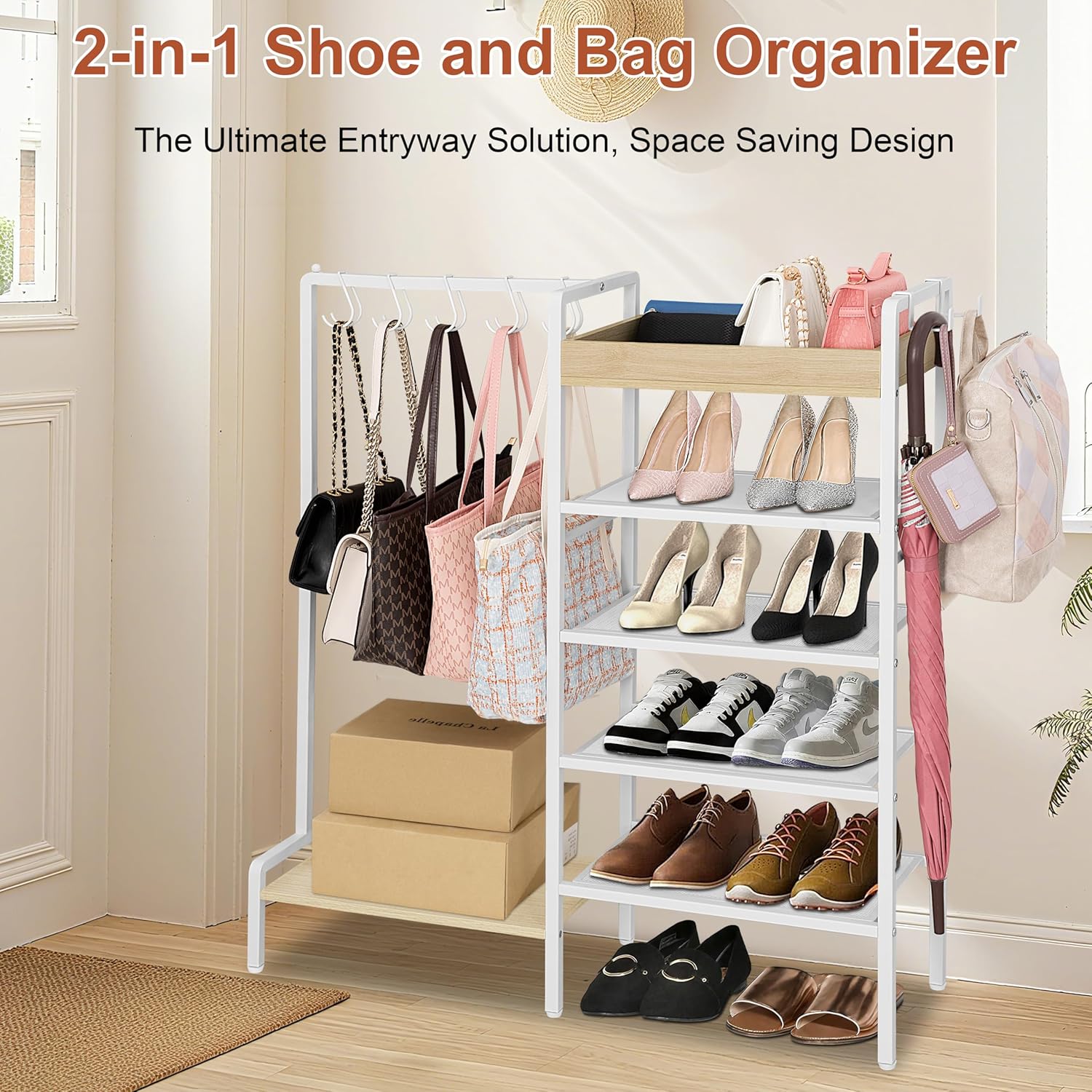 2-in-1 Shoe Rack for Closet with Purse Organizer, 5 Tier Shoes Shelf with Wooden Tray and Removable Shelves, Storage Organizer for Entryway, Garage, Hold Boots, Backpacks, White