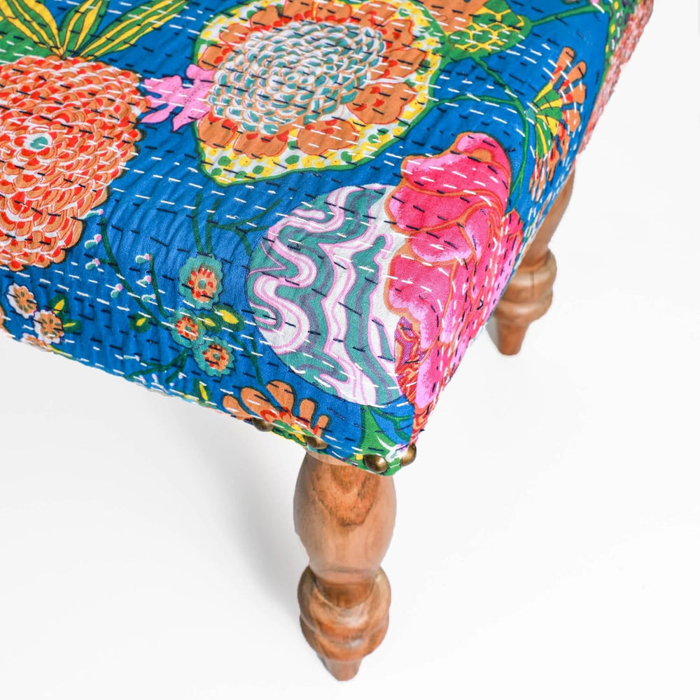 Desi Favors Blue Kantha Bench - Indian Cairo Wooden Bench - Handmade Kantha C...