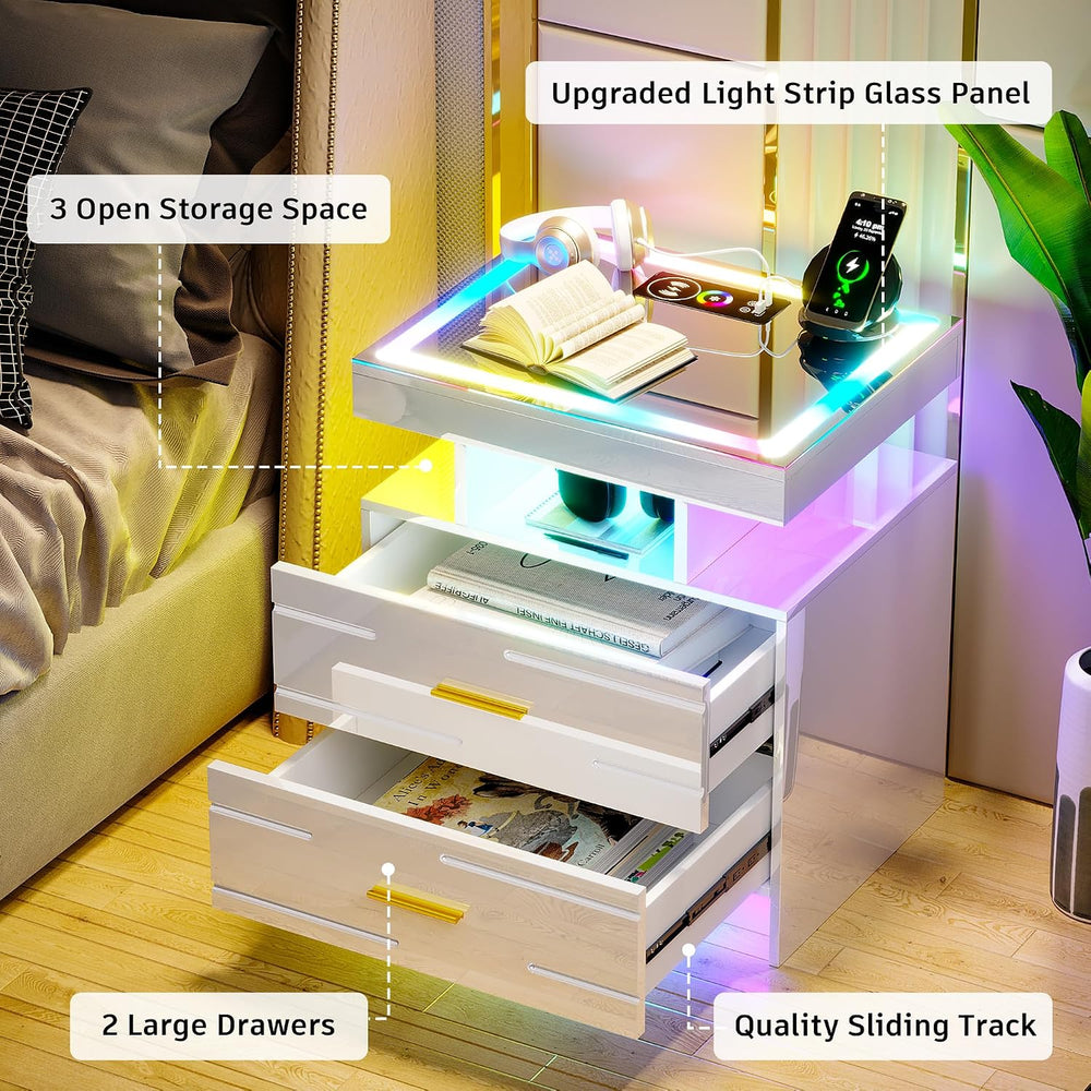 WOOVIVS Smart Nightstand with RGB Lights&Charging Station for Bedroom-White