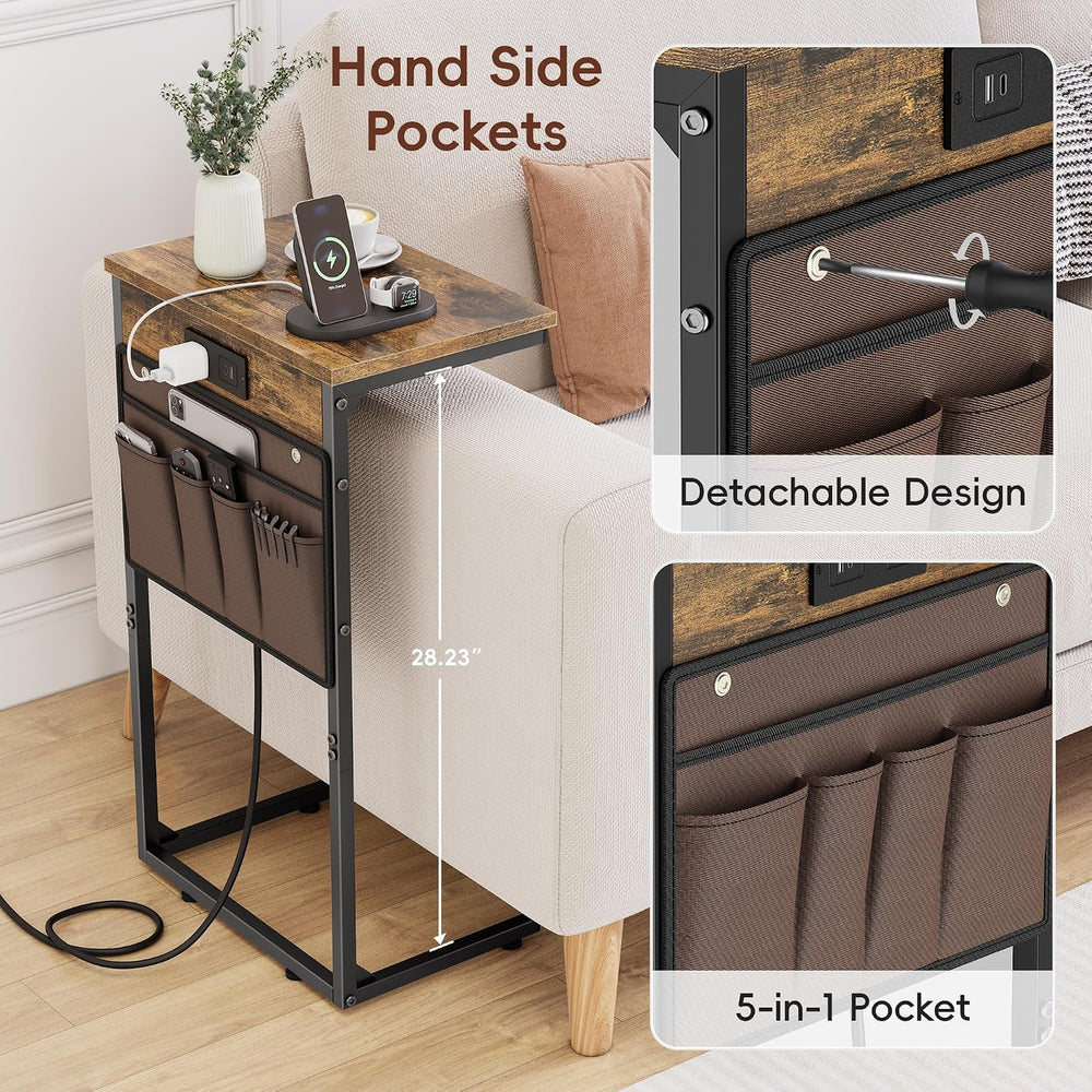 Vagusicc C Shaped End Table with Charging Station, 28" Tall Couch Side T...
