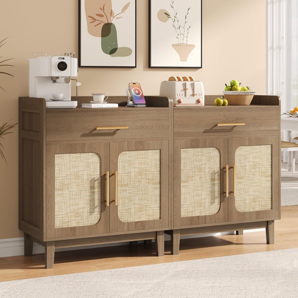 30" Rattan Sideboard Buffet Cabinet with Storage and Drawer, Boho Coffee...