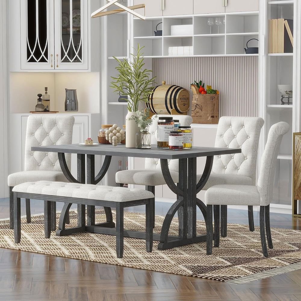 Merax 6-Piece Farmhouse Dining Table and Chair Set, 60'' Solid Wood R...