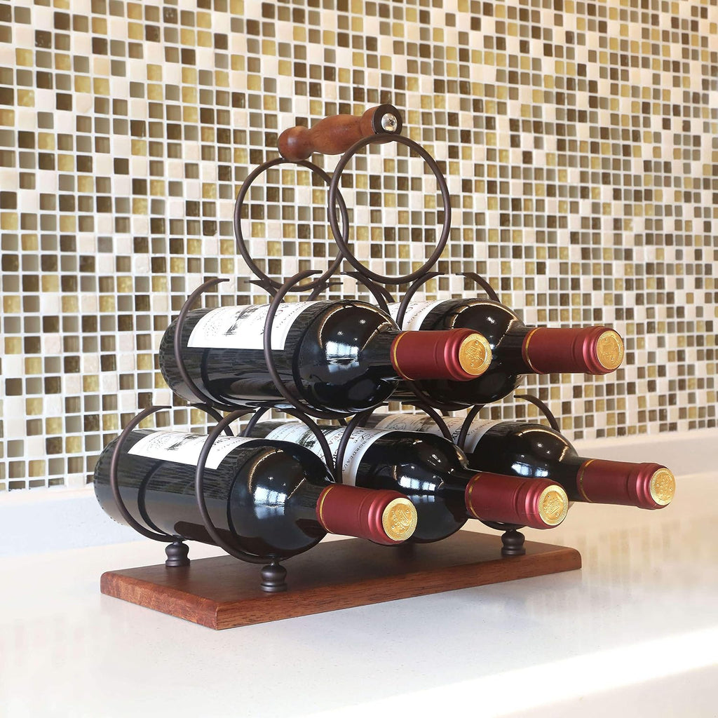 ALLCENER Countertop Wine Rack, Tabletop 6 Bottles Wood Wine Holder, Sturdy Handle, 3-Tier Rustic Classic Design, Simple Assembly, Wood & Metal (Copper)