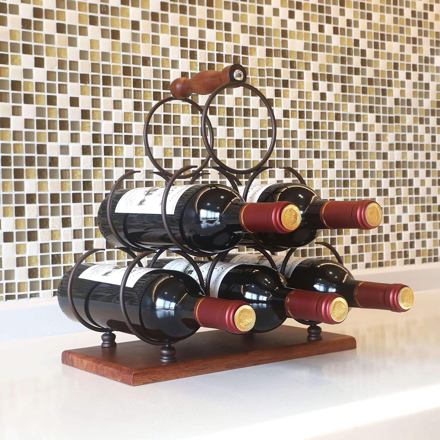 ALLCENER Countertop Wine Rack, Tabletop 6 Bottles Wood Wine Holder, Sturdy Handle, 3-Tier Rustic Classic Design, Simple Assembly, Wood & Metal (Copper)