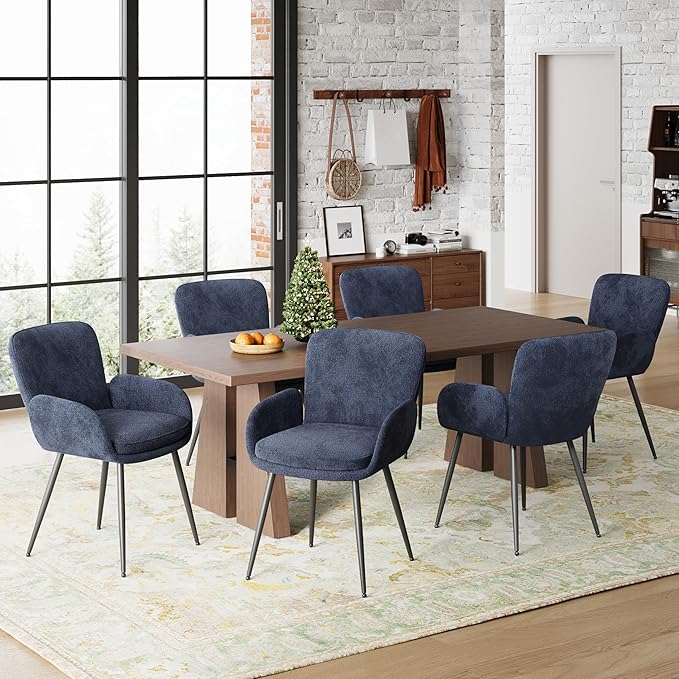 VKNOW Modern Dining Chairs Set of 4, Upholstered Dining Room Chair with Armrest, Kitchen Chairs with Curved Ergonomics Backrest for Living Room, Dining Room, Kitchen, Navy Blue