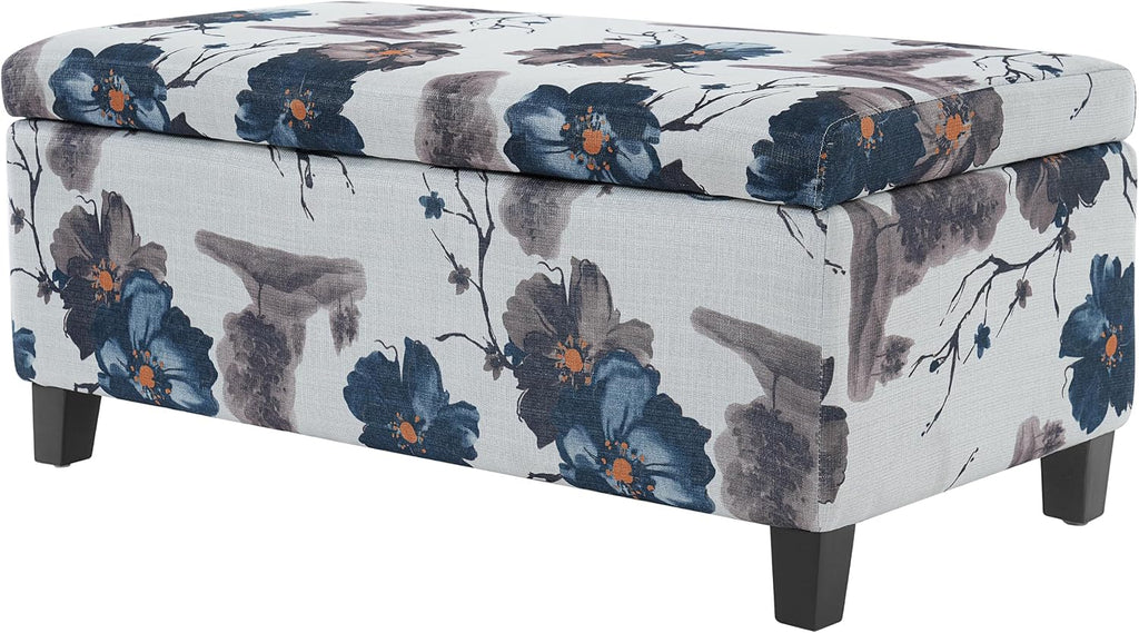 Christopher Knight Home Nesbit Living Room Ottoman with Storage, Entryway Fabric Upholstered Storage Ottoman Bench, Rectangular Sofa Foot Stool, Bedroom End of Bed Bench, Blue Flower+White
