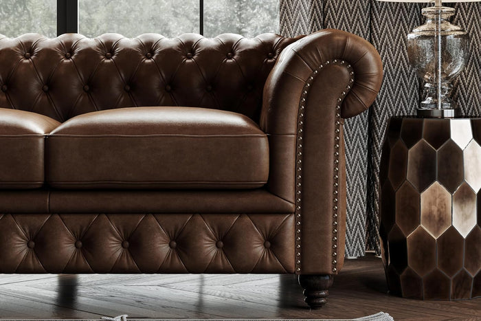 Valencia Parma 92" Leather Chesterfield Sofa, Premium Leather Upholstery, 3 Seater with Button-Tufted Back, Solid Wood Feet, Mid-Century Modern Design for Living Room (Lipari Chocolate)