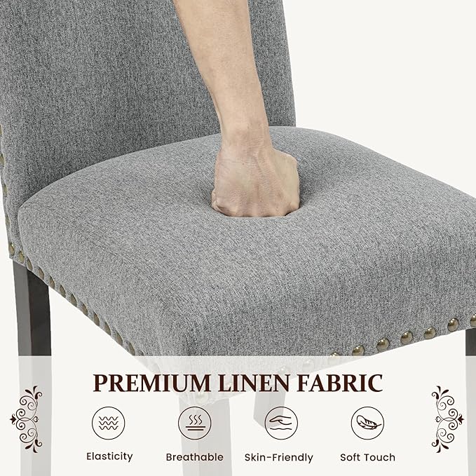 Furniliving Upholstered Dining Chairs Set of 2 - Line Fabric Modern Farmhouse Kitchen Chairs, High-Back Dining Room Chairs with Wooden Legs for Kitchen Dining Room Living Room.Grey