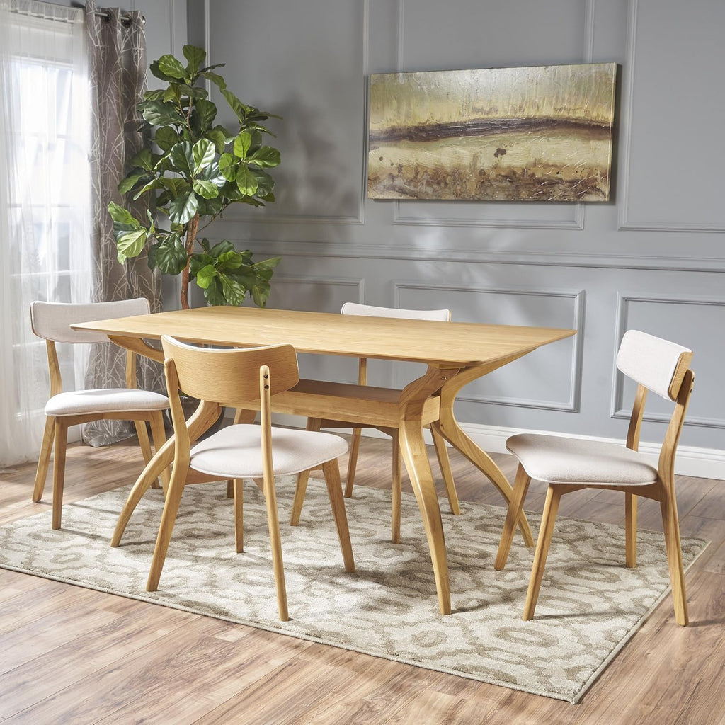 Christopher Knight Home Nissie Mid-Century Wood Dining Set with Fabric Chairs, 5-Pcs Set, Natural Oak Finish / Light Beige
