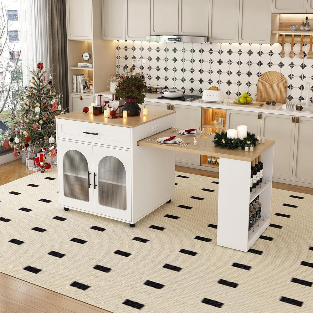 80" Kitchen Island with Extendable Dining Table, Marble-Grain Countertop...