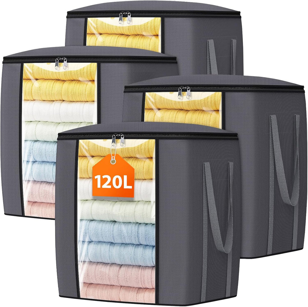 120L Extra Large Clothes Storage Bags, Foldable Blanket Storage and Organization, Thick Fabric Containers with Reinforced Handles & Zippers for Clothing, Comforters, Bedding, Gray, 4 Pack