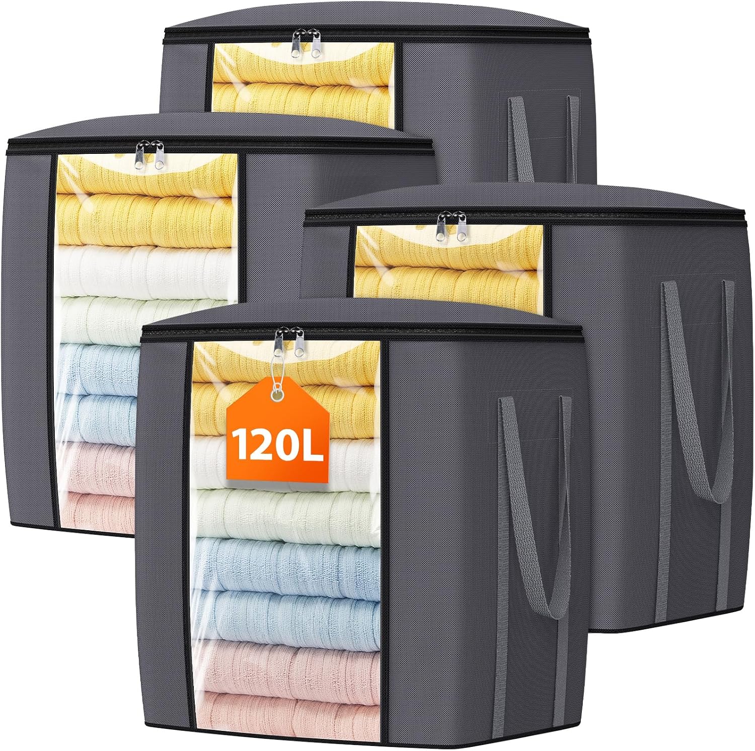 120L Extra Large Clothes Storage Bags, Foldable Blanket Storage and Organization, Thick Fabric Containers with Reinforced Handles & Zippers for Clothing, Comforters, Bedding, Gray, 4 Pack
