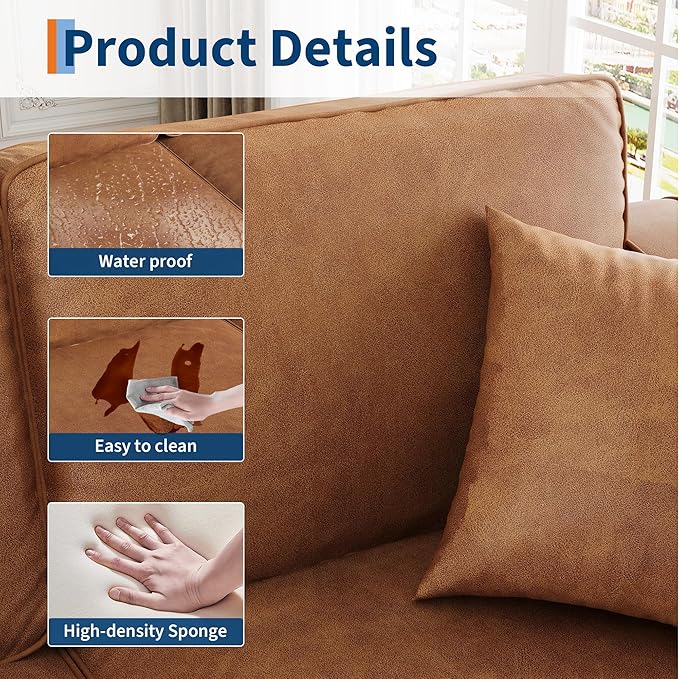 Faux Leather Couch with 2 Throw Pillows, Sofa Couches for Living Room, 3 Seater Sofa with Wide Armrests, Wood Legs, Deep Seats, Back Cushion, Sturdy Support Feet, for Office, Living Room, Brown