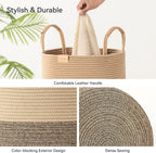 75L Striped Laundry Hamper with Leather Handles,Large Foldable Laundry Basket for Clothes,Cotton Rope Storage Bin for Blankets,Woven Clothes Basket for Bedroom,Dark Brown Stripes