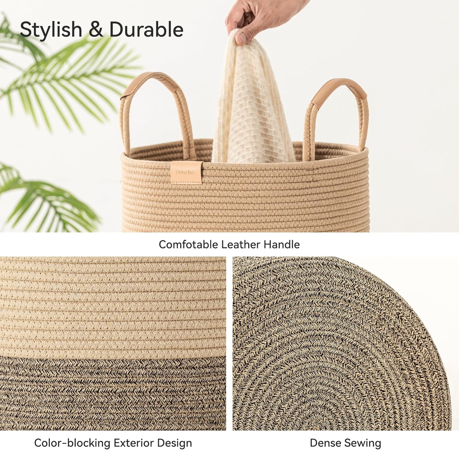 75L Striped Laundry Hamper with Leather Handles,Large Foldable Laundry Basket for Clothes,Cotton Rope Storage Bin for Blankets,Woven Clothes Basket for Bedroom,Dark Brown Stripes