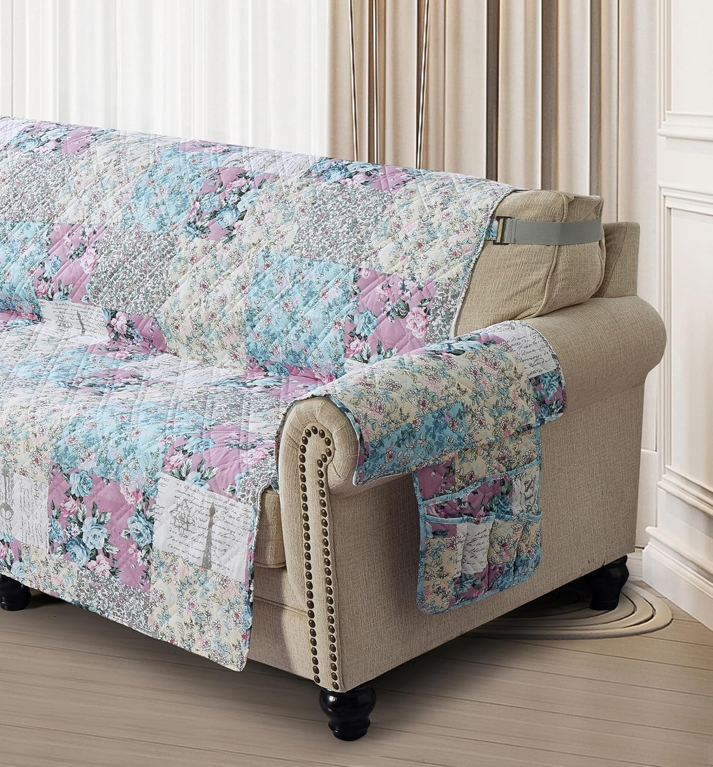 Brilliant Sunshine Lilac Rose Couch Sofa Armrest 5 Pockets Organizer, Slip Resistant Recliner Armchair Caddy, Washable Remote Controls Holder, Storage for Magazine, Tablet, Phone, 35×13", Egg Blue