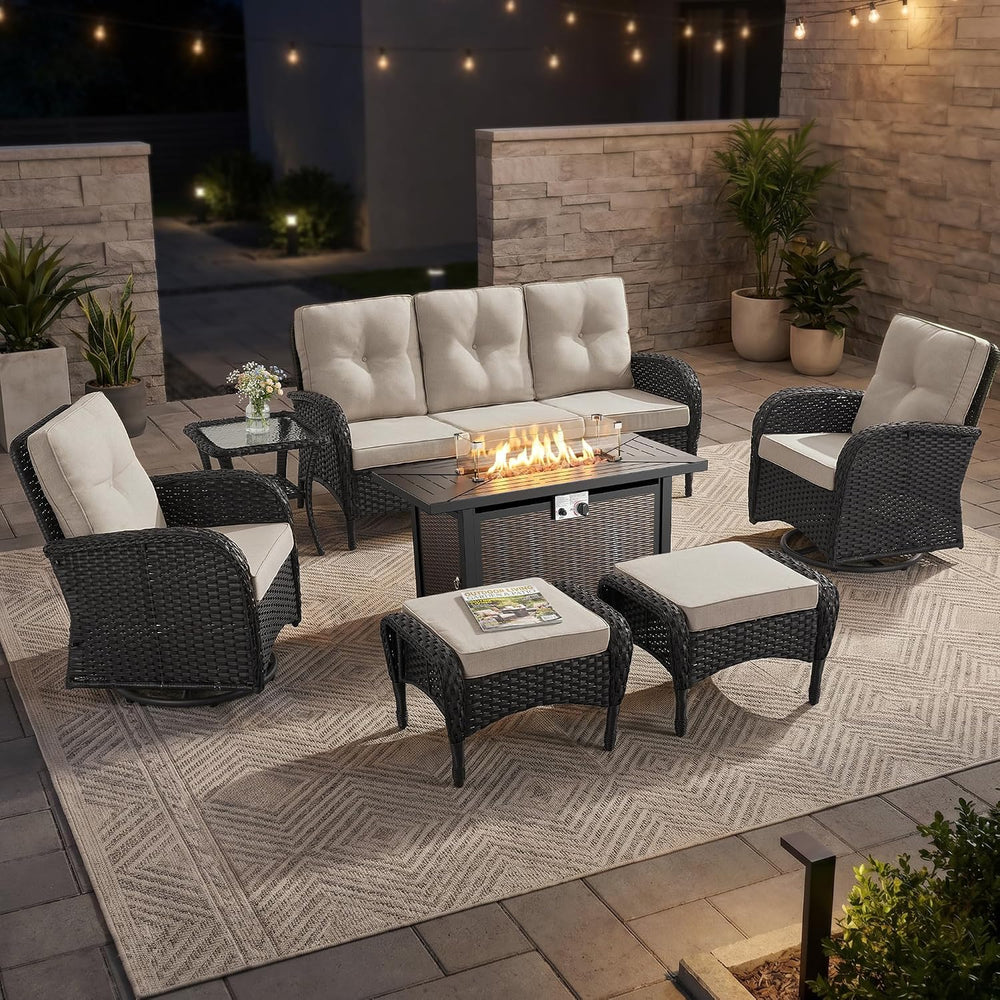 7 Piece Patio Furniture Set with Fire Pit Table - Wicker Patio Conversation S...