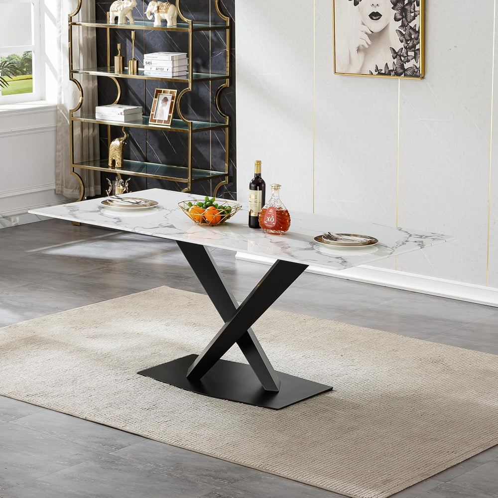 70in Faux Marble Dining Table for 6-8 Person, Modern White Kitchen Dining Roo...