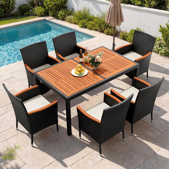 Devoko 7 PCS Acacia Wood Patio Dining Set, Black Rattan