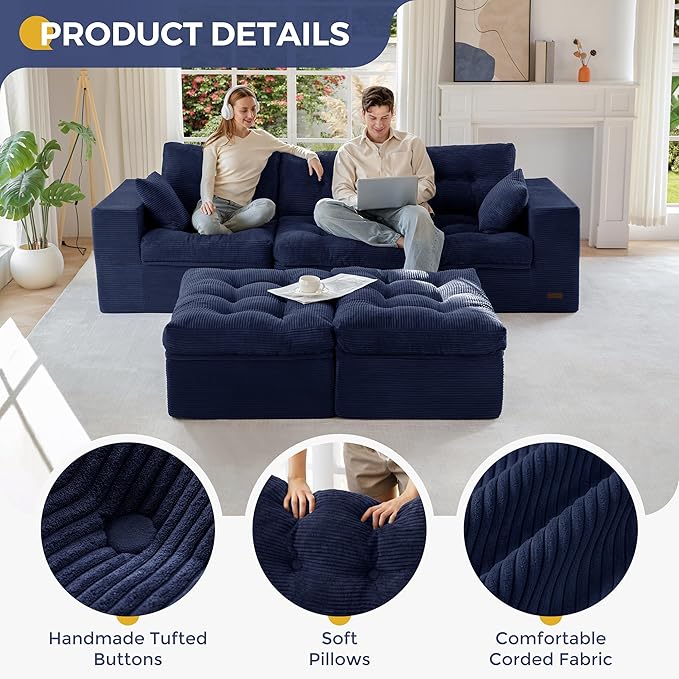 MAXYOYO 104" U Shaped Modular Sectional Sofa with 2 Ottomans, Cloud Boneless Couch with Layered Cushion, Flexible Module Combination Sofa for Living Room, No Assembly Required, Navy