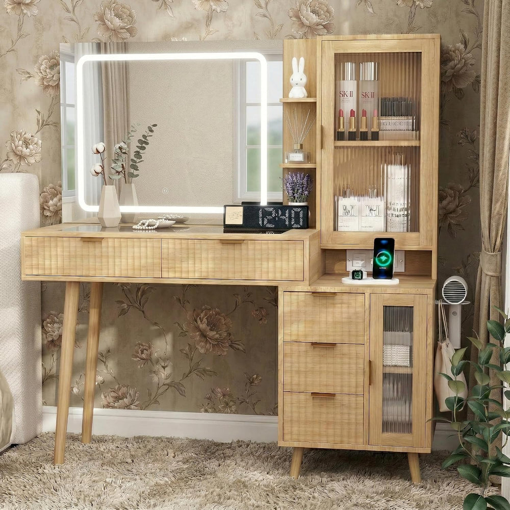 49" Wooden Vanity Desk with Mirror and Lights, Fluted Boho Makeup Vanity...