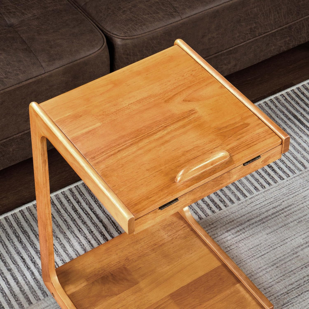 Solid Wood C-Shaped Side End Table with Casters, Adjustable Tilt Top Mobile L...