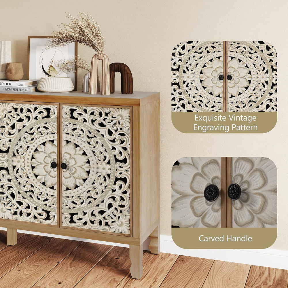 Buffet Cabinet with Storage, 4 Carved Doors, Natural&White