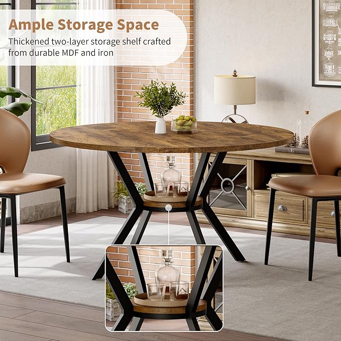 Round Dining Table for 4, 42 Inch Wood Kitchen & Dining Room Tables with Storage, Circle Breakfast Table with Metal Legs, Space Saving Dinner Table for Dining Room, Kitchen, Living Room, Rustic Brown