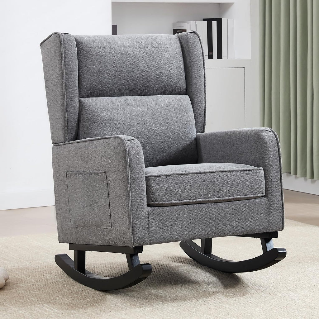 HCHAIRH Nursery Rocking Chairs, Modern Rocking Nursery Chair for Mom Nursery Rocker with High Backrest and Solid Wood Legs, Dark Grey