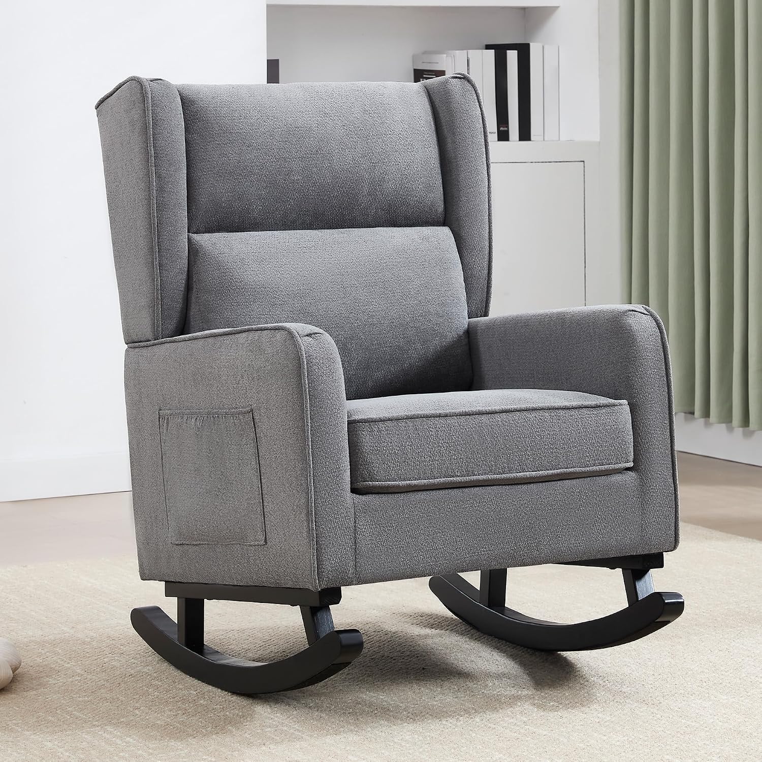 HCHAIRH Nursery Rocking Chairs, Modern Rocking Nursery Chair for Mom Nursery Rocker with High Backrest and Solid Wood Legs, Dark Grey