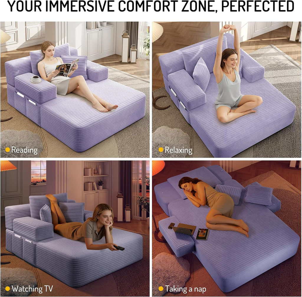 Avenix 70" Boneless Oversized Chaise Lounge Chair Indoor, Corduroy Comfy Oversized Reading Sleeper Chair Boneless Sofa Couch Bed with 3 Pillows, No Assembly Required, Purple