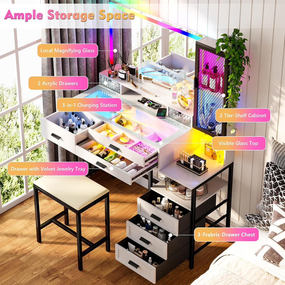 Lvifur RGB Vanity Desk - with Mirror and Lights,7 Dynamic & 24 Static Dim...