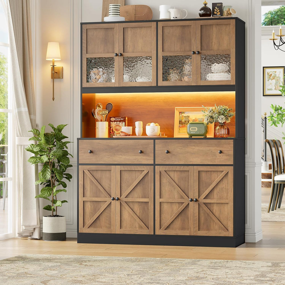 FINETONES 71" Pantry Cabinet with LED Light and Charging Station | Farmh...