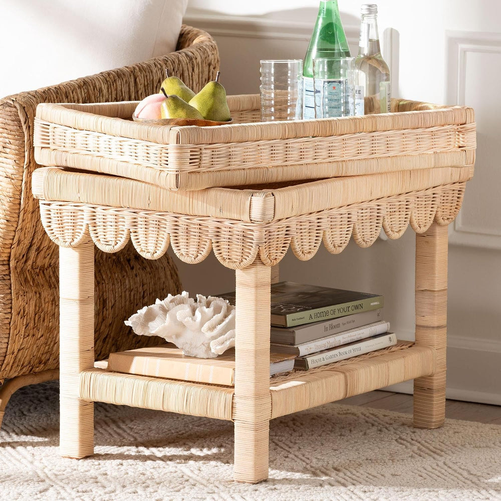Bali & pari Weyman Scalloped Rattan End Table with Removable Tray Top - H...