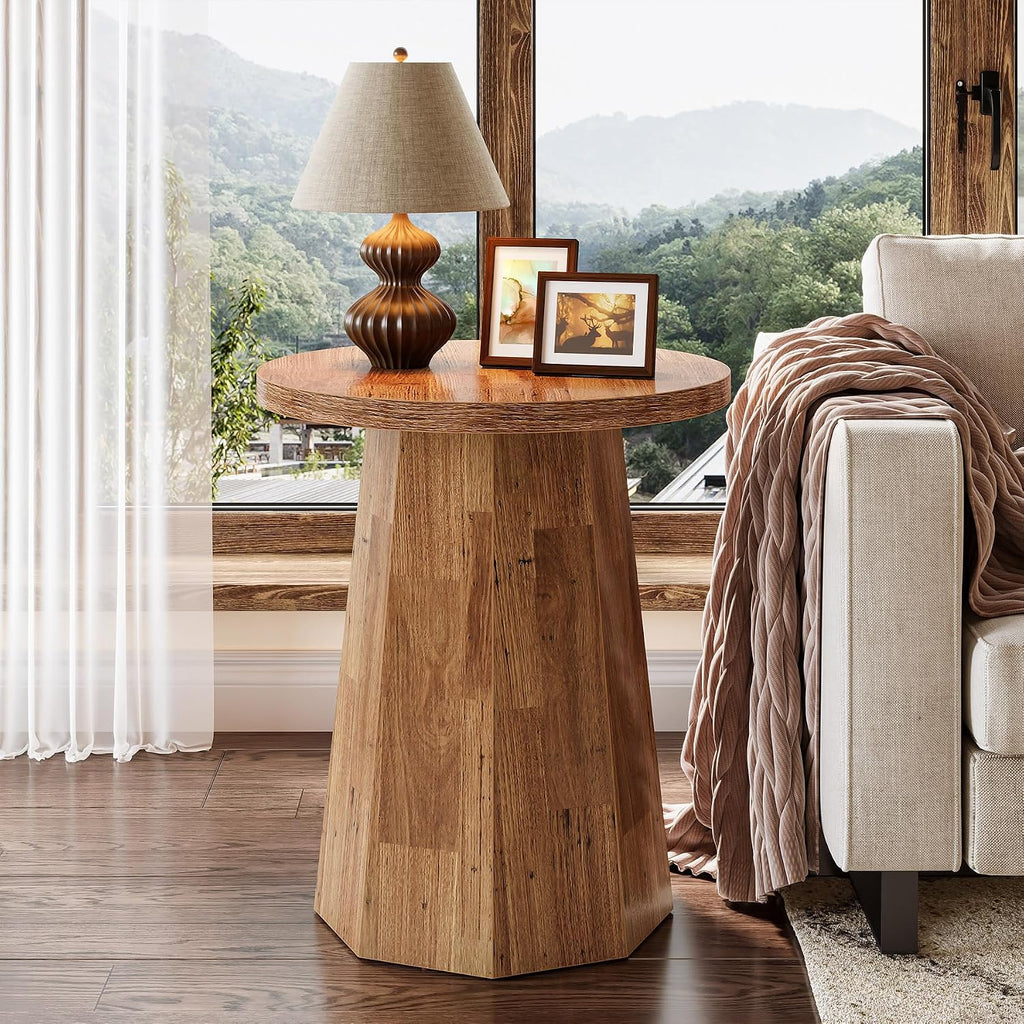 Tribesigns Round Pedestal End Table, Farmhouse Couch Side Table with Octagonal Base, Wooden Drink Stand Accent Nightstand(1, Walnut)