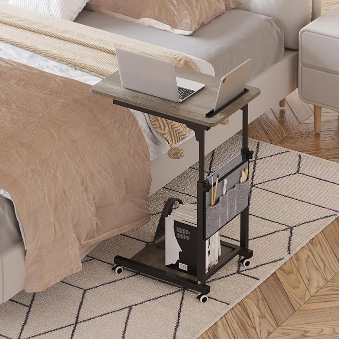 Adjustable Height Overbed Table, Sofa Side Bedside C Table with Wheels, Hospital Bed Table Rolling Tray with Storage, Mobile Computer Desk Laptop Table for Home Use with Side Pocket