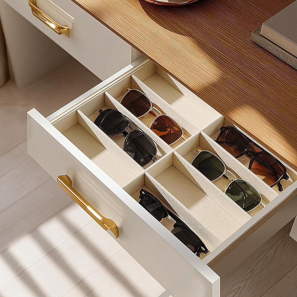 pickpiff Drawer Sunglass Organizer & Display Tray: 1 Pcs 8 Grids Velvet Scratch-Free Eyeglasses Case (13.8x9.4x1.6inch) - Soft Beige Glasses Storage Holder Box for Men & Women