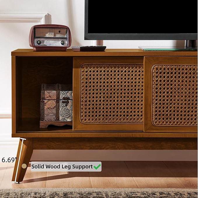 LKTART Mid Century Modern Rattan TV Stand for 65 Inch TV,59" Boho Media Console with Sliding Doors & Open Shelves,Solid Wood Legs for Living Room,Light Walnut