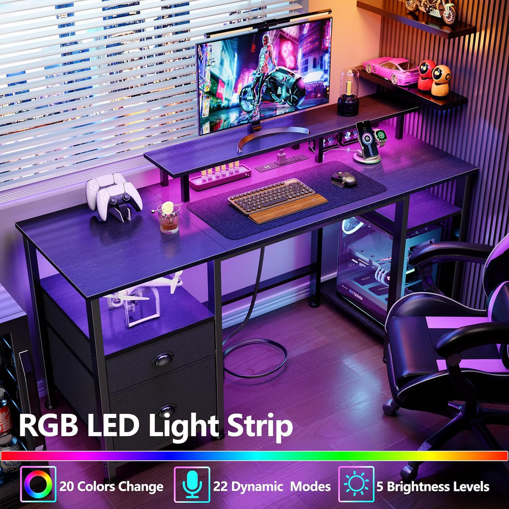 Furologee 51" Gaming Desk with Power Outlets & LED Lights, Reversibl...