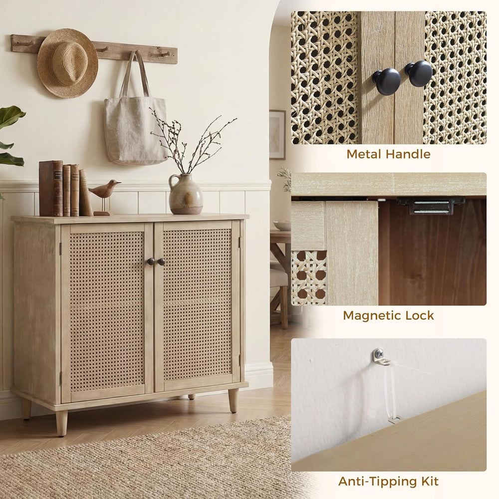 Fat Ant Buffet Cabinet with Storage, Rattan Sideboard Cabinet with 2 Magnetic...