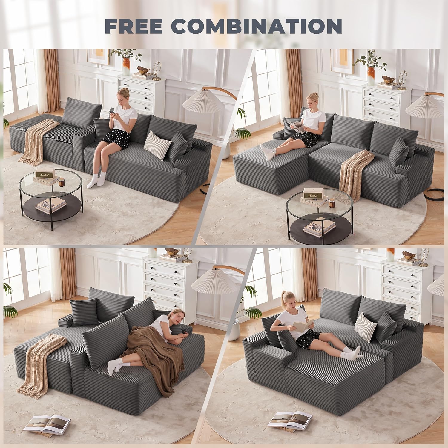 Mangodan Cloud Sectional Couch, Boneless Sofa for Living Room, Fluffy Comfy Couch with Deep Seat, Modular Sectional Sofa with L-Shaped Chaise, No Assembly Required, Dark Grey