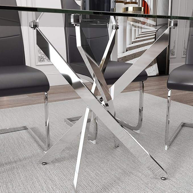 5 Piece Dining Table Table Set, Modern Tempered Glass Dining Table Set for 4 Kitchen Table Set with 4 Upholstered Chairs for Kitchen Dining Room (Sliver Table with Grey Hoop Leg Chairs)