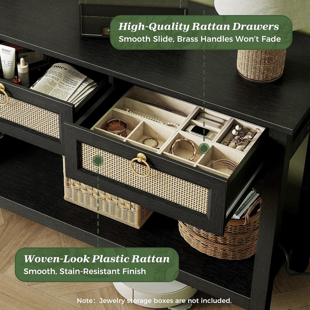 SUPERJARE Rattan Console Sofa Table with Outlets, USB-C Port and 3 Drawers | ...
