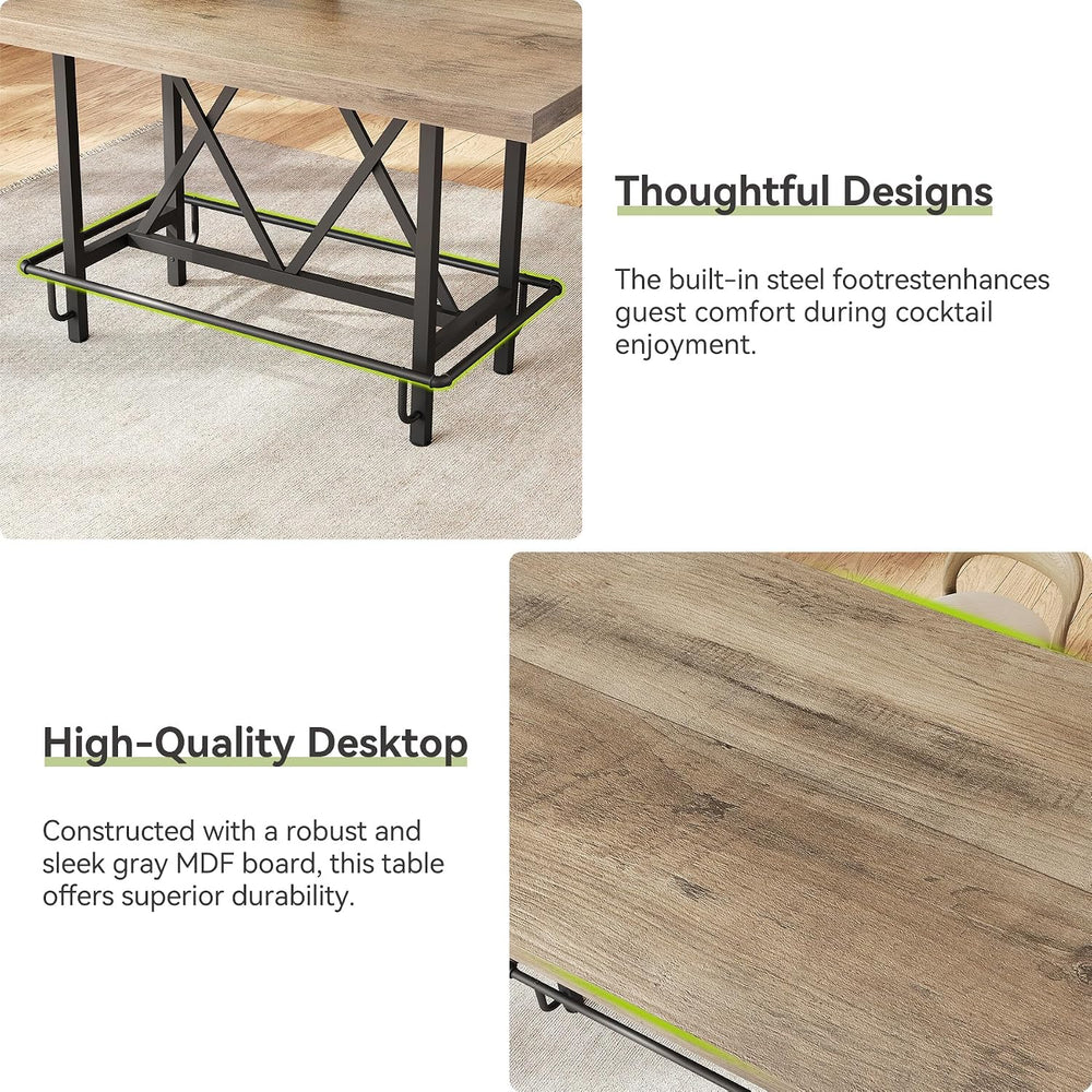 LITTLE TREE 63-Inch Industrial Bar Table with Metal Footrest, Counter Height ...